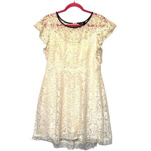 Drew Ivory Lace Dress With Vegan Leather Trim Neckline Lined Zipper Back Size L